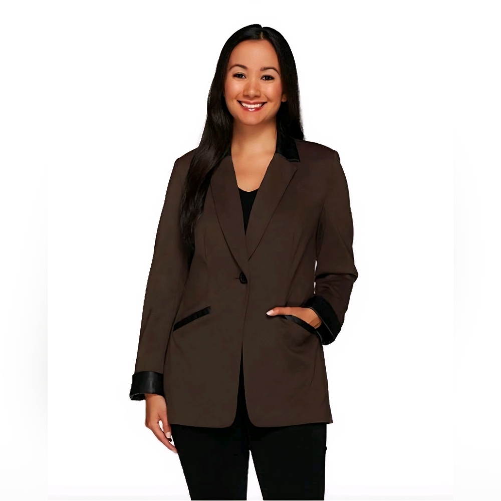 Susan Graver 16‎ brown ponte jacket blazer faux leather trim, Career, Academia